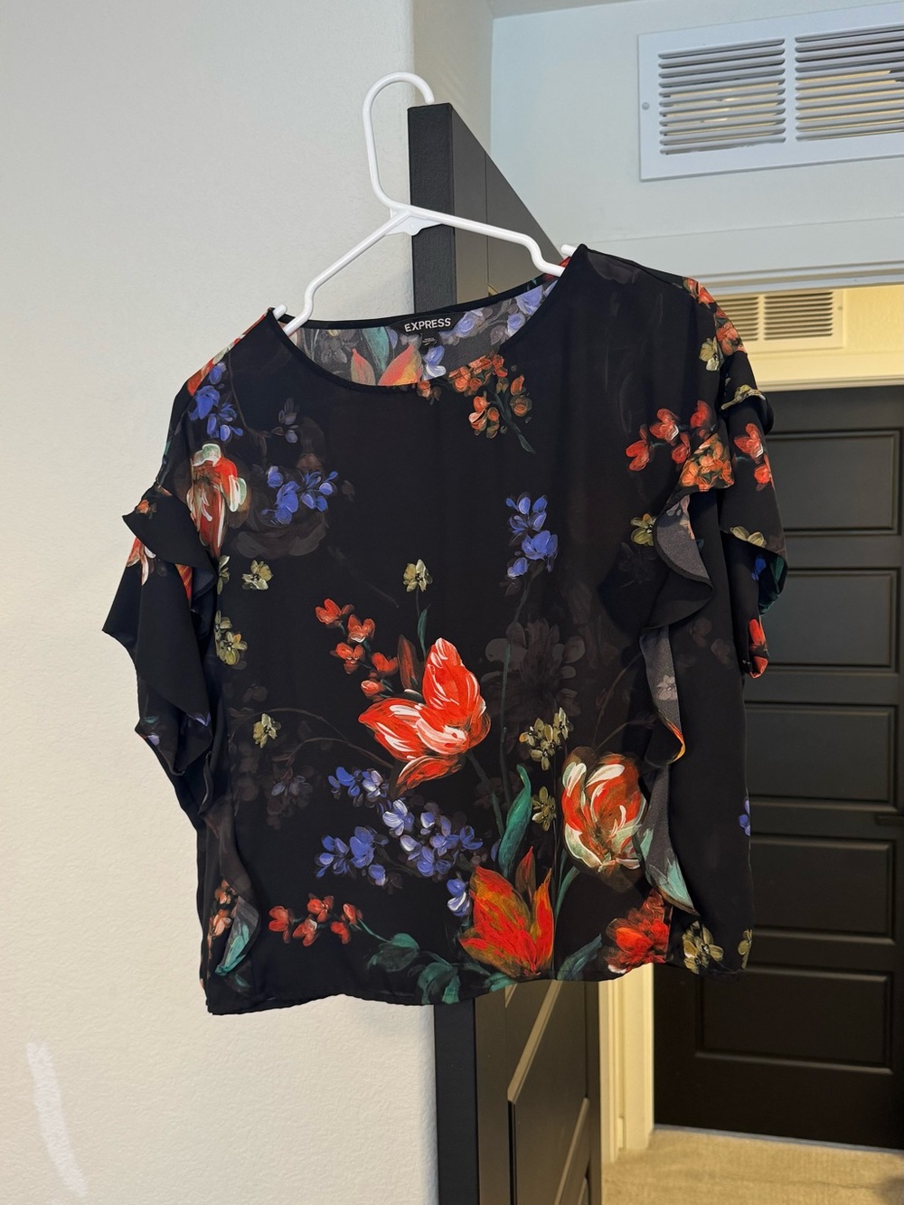 Express Black Floral Ruffle Sleeve Blouse with Red & Blue Accents